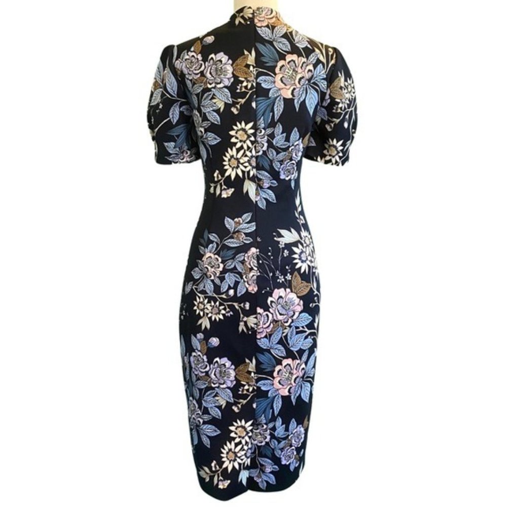 Vince Camuto Puffy Sleeve V-Neck Navy Blue Floral Scuba Knit Fabric Size 10 - Picture 4 of 7